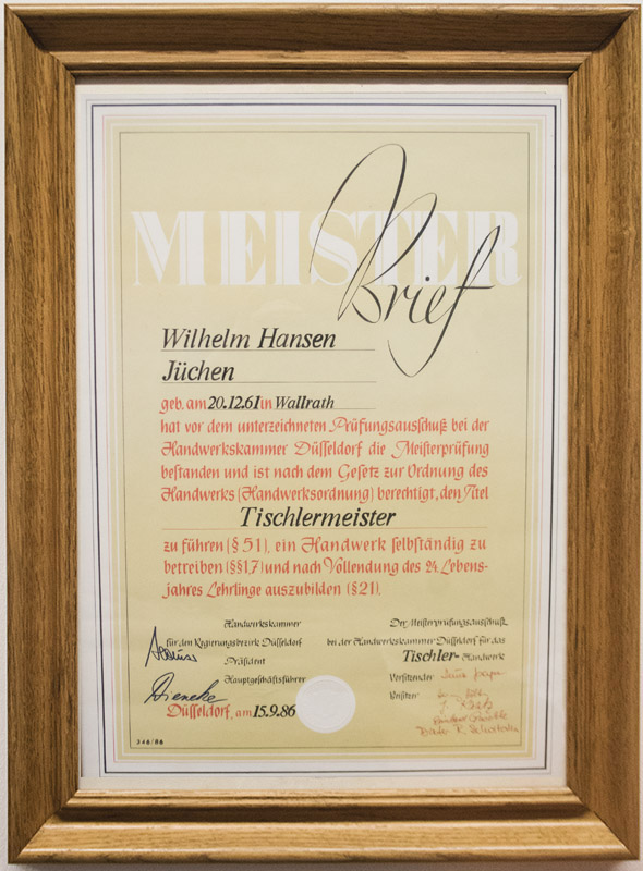 Meisterbrief Wilhelm Hansen